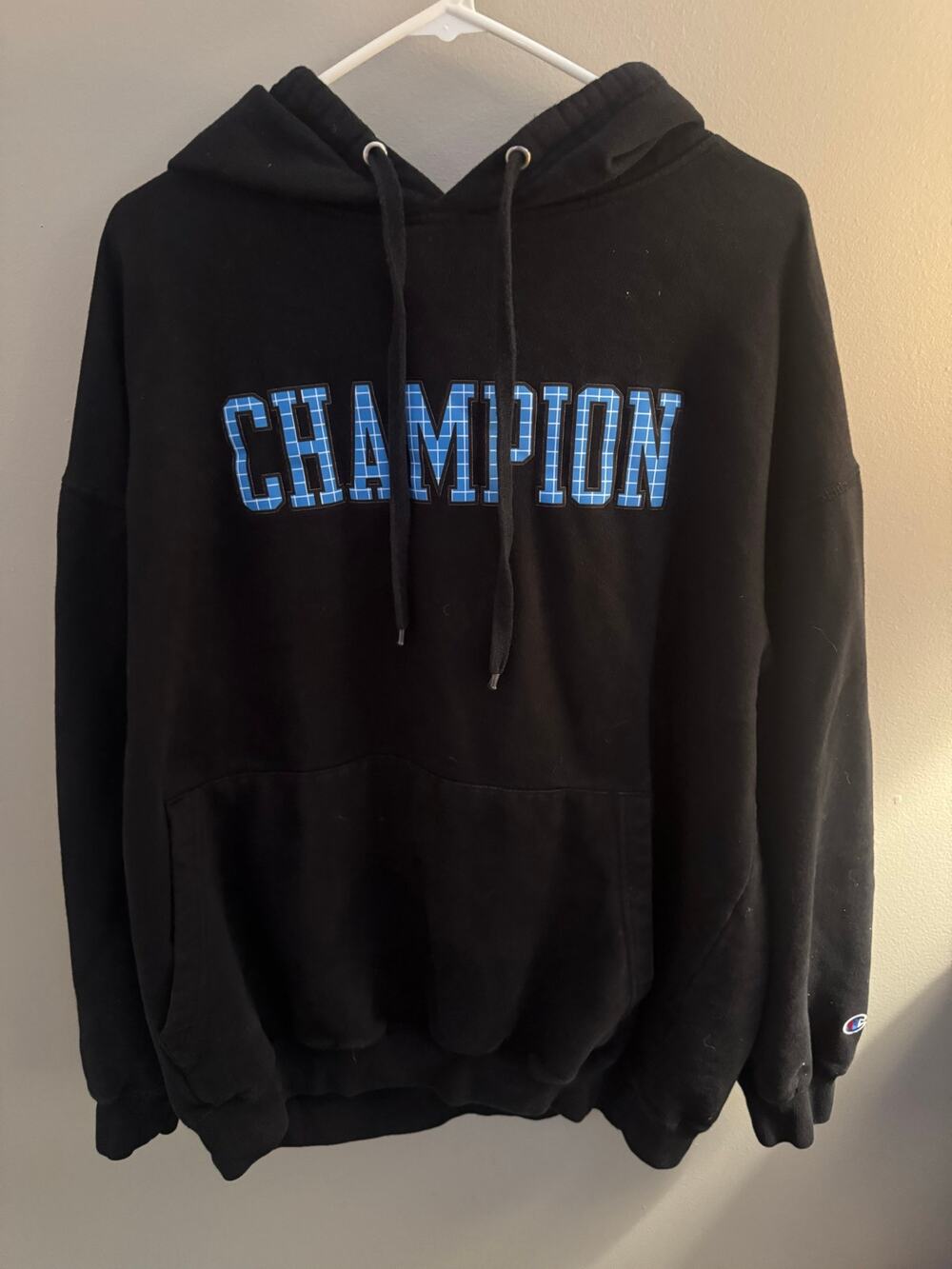 Champion Hoodie Mens 2XL Black Pullover Sweatshirt Blue CHAMPION Logo Big & Tall